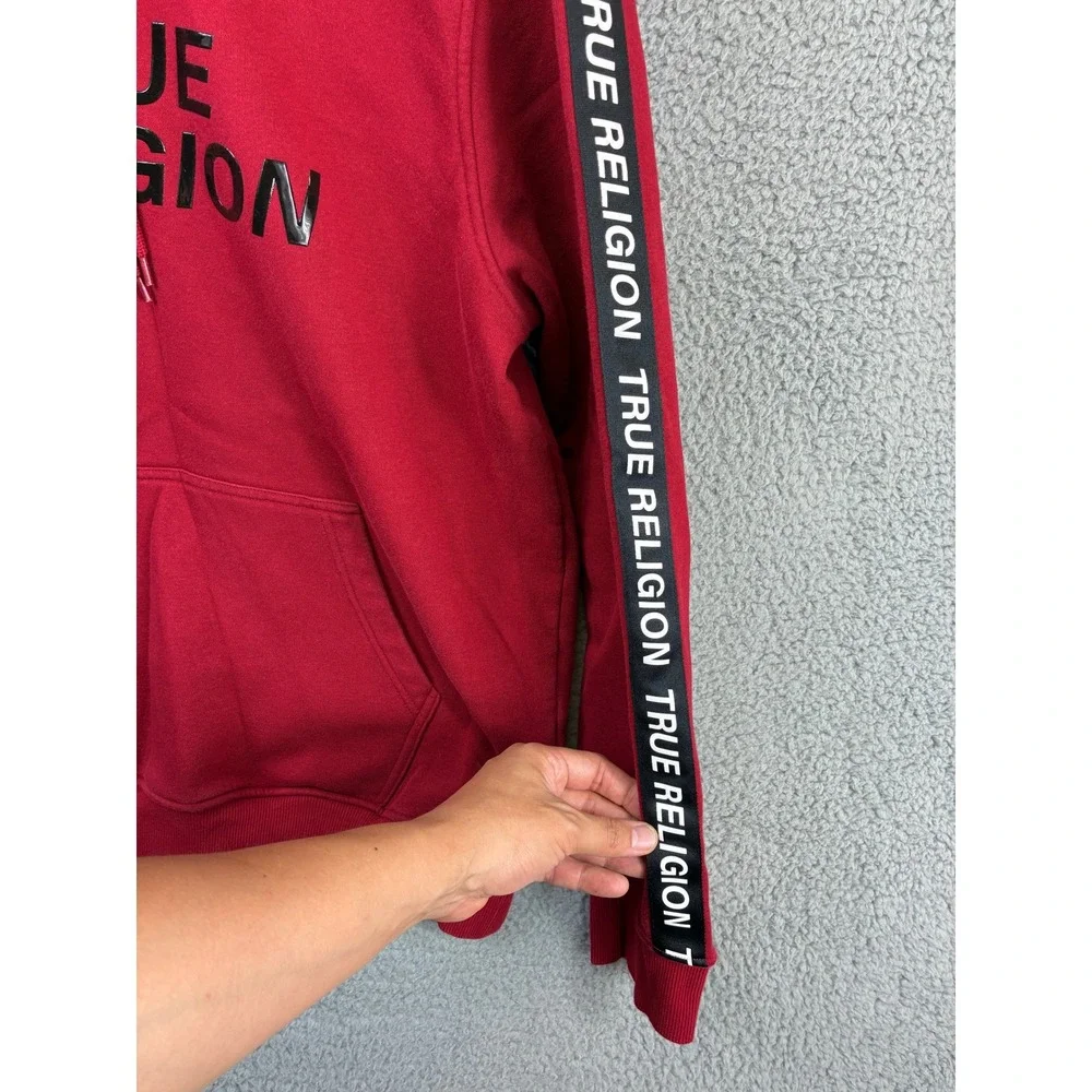 True Religion Silicone Tape Pullover Hoodie Sweatshirt Mens L Red Streetwear Y2K
